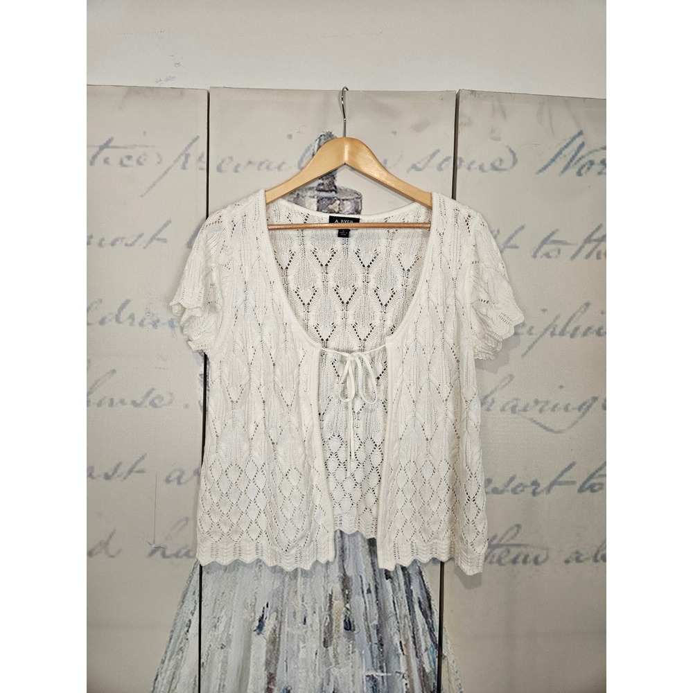 A. Byer Cardigan Large Cream Pointelle Knit Front Tie Short‎ Sleeve Cottagecore